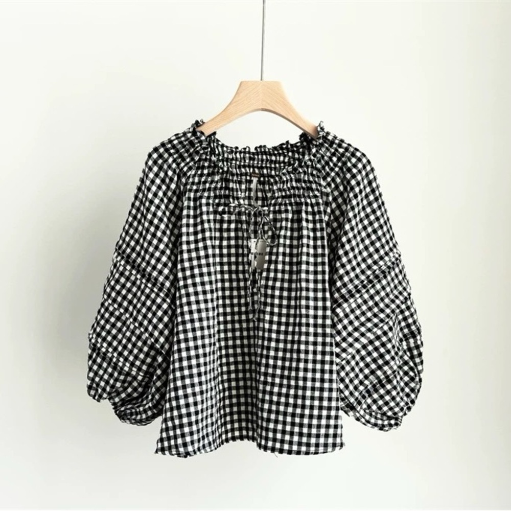 Free People plaid Blouse Smock-Neck Short Puff Sleeve